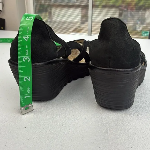 Fly London Yadi Sandals Black Leather Strappy Peep Toe Slip-On Wedge Heel 7 NEW