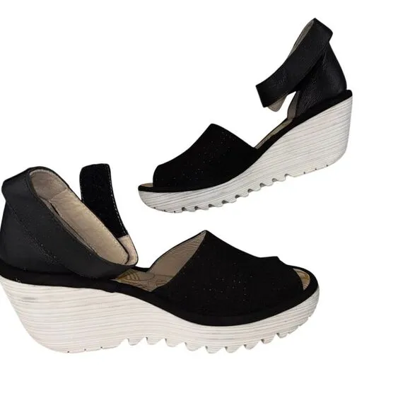 Fly London Yake Black Suede Perforated Leather Wedge Sandals Shoe EU 38 US 8