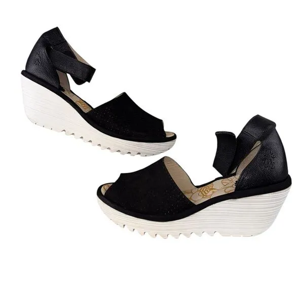 Fly London Yake Black Suede Perforated Leather Wedge Sandals Shoe EU 38 US 8
