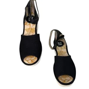 Fly London Yake Black Suede Perforated Leather Wedge Sandals Shoe EU 38 US 8