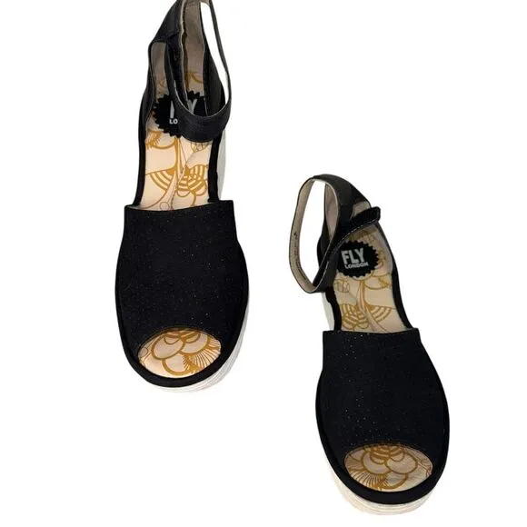 Fly London Yake Black Suede Perforated Leather Wedge Sandals Shoe EU 38 US 8
