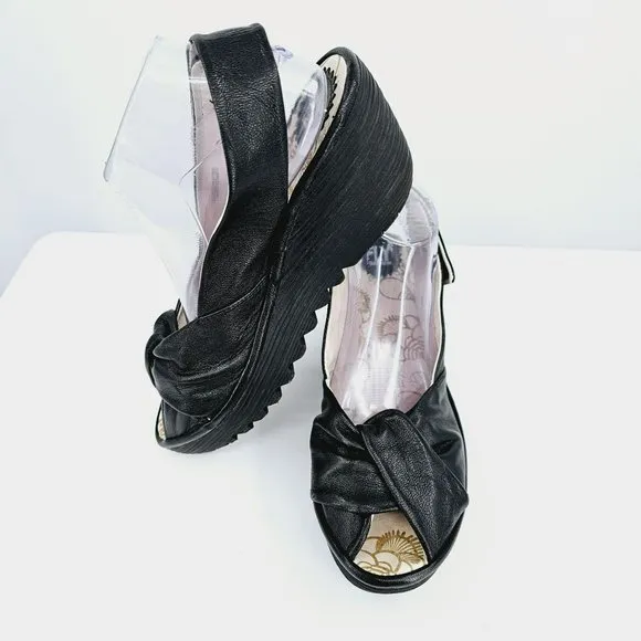 Fly London Yakin Ankle Strap Wedge Sandals 41 10 Black Leather Peep Toe Comfort