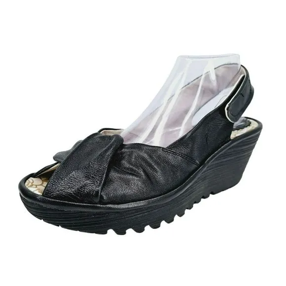 Fly London Yakin Ankle Strap Wedge Sandals 41 10 Black Leather Peep Toe Comfort