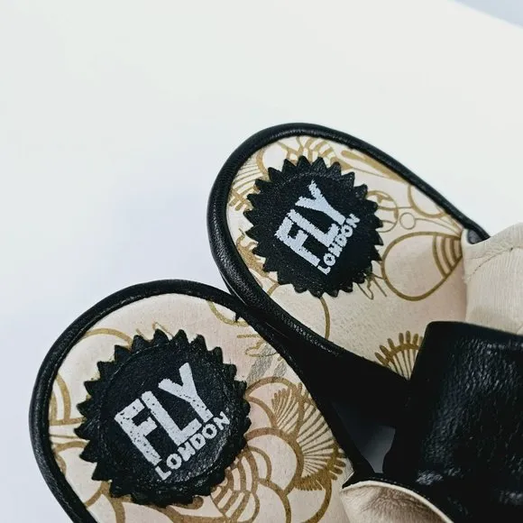 Fly London Yakin Ankle Strap Wedge Sandals 41 10 Black Leather Peep Toe Comfort