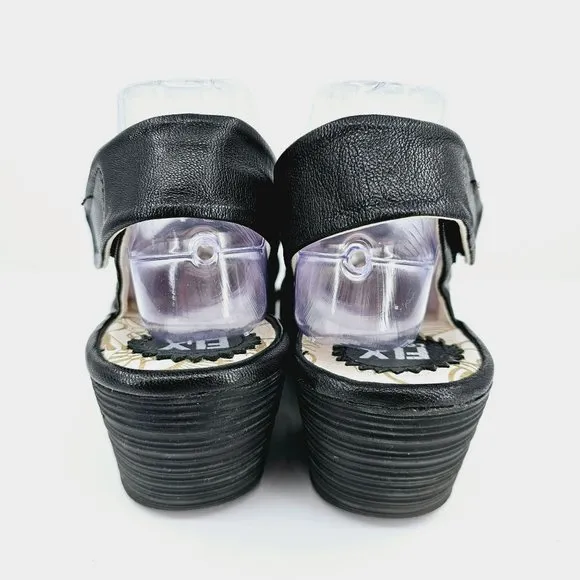 Fly London Yakin Ankle Strap Wedge Sandals 41 10 Black Leather Peep Toe Comfort