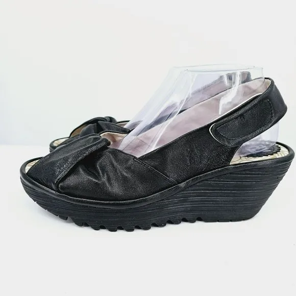 Fly London Yakin Ankle Strap Wedge Sandals 41 10 Black Leather Peep Toe Comfort