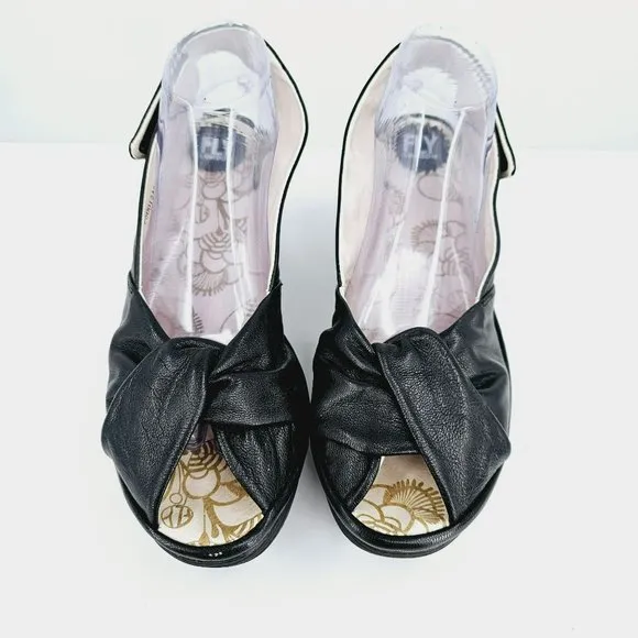 Fly London Yakin Ankle Strap Wedge Sandals 41 10 Black Leather Peep Toe Comfort