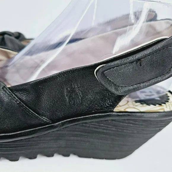 Fly London Yakin Ankle Strap Wedge Sandals 41 10 Black Leather Peep Toe Comfort