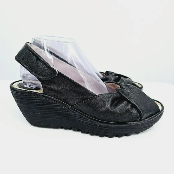 Fly London Yakin Ankle Strap Wedge Sandals 41 10 Black Leather Peep Toe Comfort