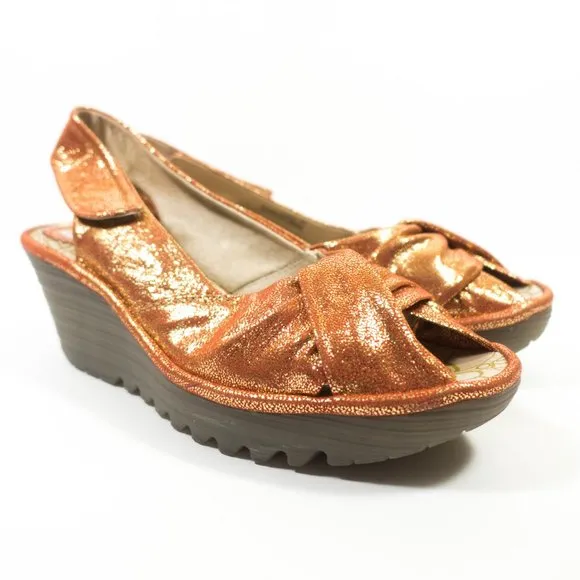 Fly London Yakin Metallic Wedge Sandals - Women's Size 9-9.5 US / 40 EU