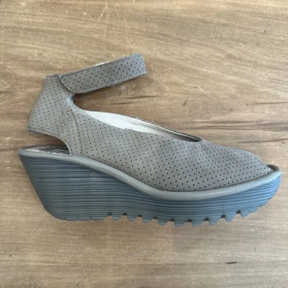 Fly London Yala Perforated Wedge Sandals Ankle Strap Peep Toe Size EUR 37 US 6.5