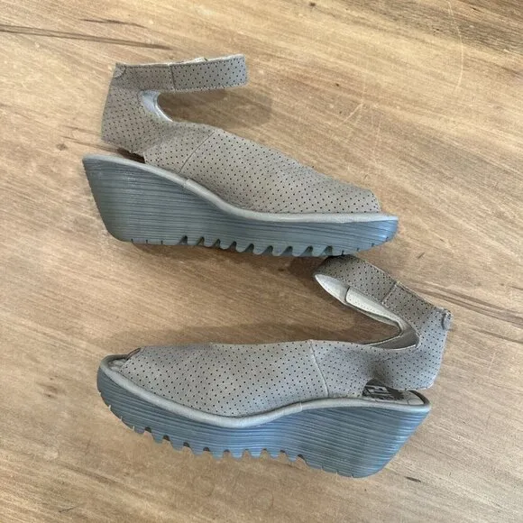 Fly London Yala Perforated Wedge Sandals Ankle Strap Peep Toe Size EUR 37 US 6.5