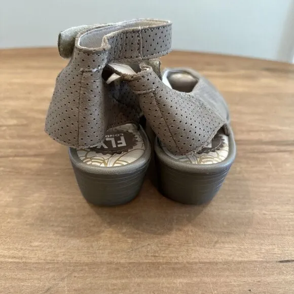Fly London Yala Perforated Wedge Sandals Ankle Strap Peep Toe Size EUR 37 US 6.5