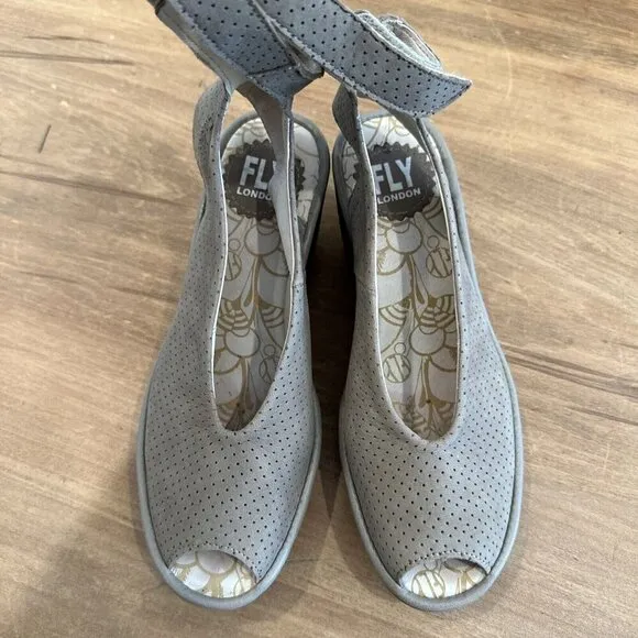 Fly London Yala Perforated Wedge Sandals Ankle Strap Peep Toe Size EUR 37 US 6.5