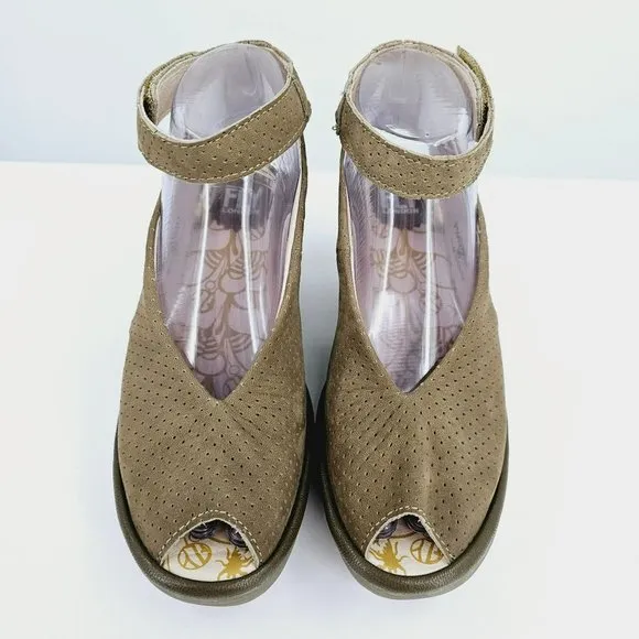 Fly London Yala Sandals 36 5.5 Perforated Suede Wedge Olive Green Taupe Peep Toe