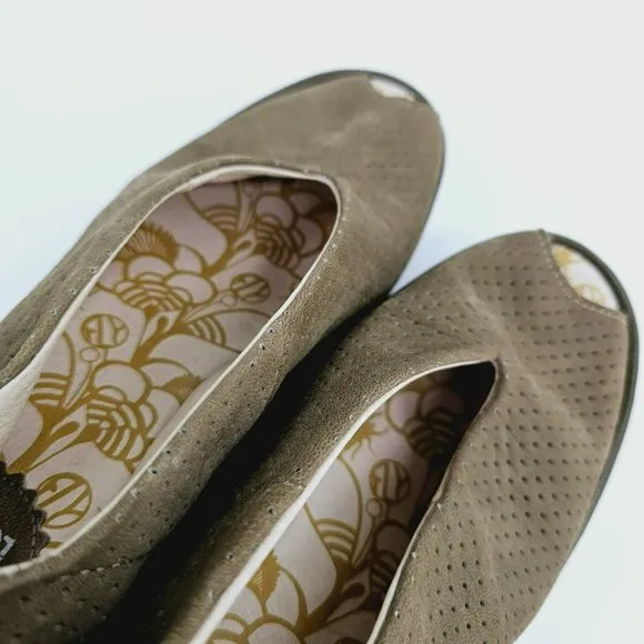 Fly London Yala Sandals 36 5.5 Perforated Suede Wedge Olive Green Taupe Peep Toe