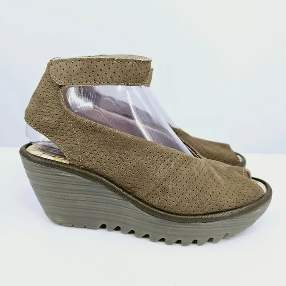 Fly London Yala Sandals 36 5.5 Perforated Suede Wedge Olive Green Taupe Peep Toe