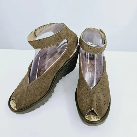 Fly London Yala Sandals 36 5.5 Perforated Suede Wedge Olive Green Taupe Peep Toe