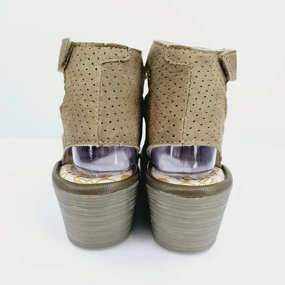 Fly London Yala Sandals 36 5.5 Perforated Suede Wedge Olive Green Taupe Peep Toe
