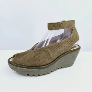 Fly London Yala Sandals 36 5.5 Perforated Suede Wedge Olive Green Taupe Peep Toe