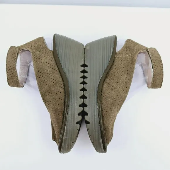 Fly London Yala Sandals 36 5.5 Perforated Suede Wedge Olive Green Taupe Peep Toe