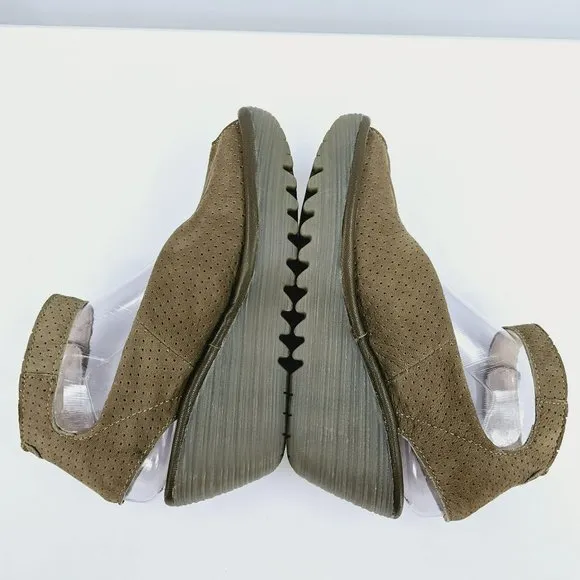 Fly London Yala Sandals 36 5.5 Perforated Suede Wedge Olive Green Taupe Peep Toe