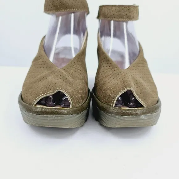 Fly London Yala Sandals 36 5.5 Perforated Suede Wedge Olive Green Taupe Peep Toe