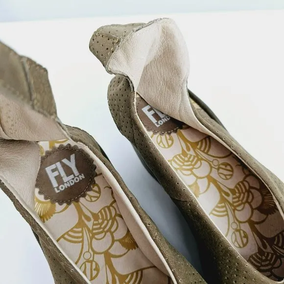 Fly London Yala Sandals 36 5.5 Perforated Suede Wedge Olive Green Taupe Peep Toe