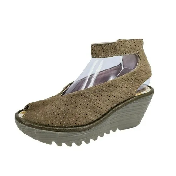 Fly London Yala Sandals 36 5.5 Perforated Suede Wedge Olive Green Taupe Peep Toe