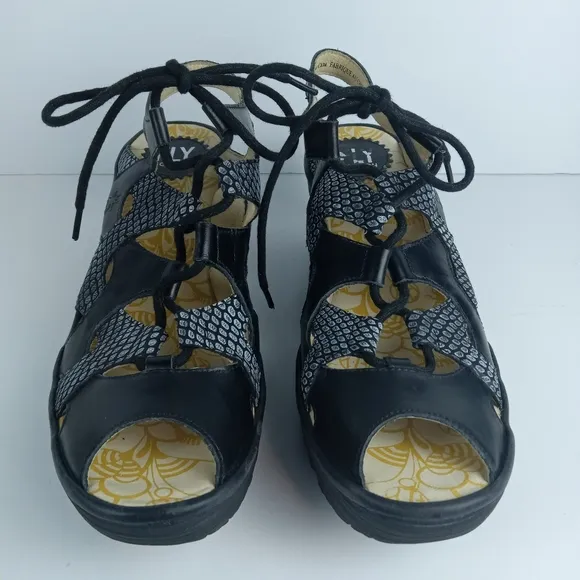 Fly London Yexa Sandals Black Womens Size EU 41 US 10.5 Lace-Up Leather Wedge