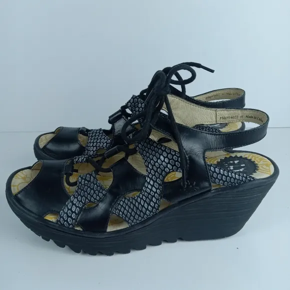 Fly London Yexa Sandals Black Womens Size EU 41 US 10.5 Lace-Up Leather Wedge