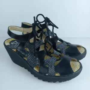 Fly London Yexa Sandals Black Womens Size EU 41 US 10.5 Lace-Up Leather Wedge