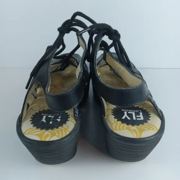 Fly London Yexa Sandals Black Womens Size EU 41 US 10.5 Lace-Up Leather Wedge