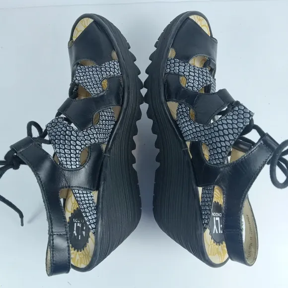 Fly London Yexa Sandals Black Womens Size EU 41 US 10.5 Lace-Up Leather Wedge