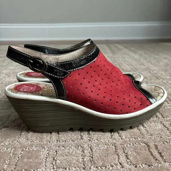 Fly London Yile Leather Wedge Sandals Open Toe Women's 41 US 10-10.5 Red Artsy