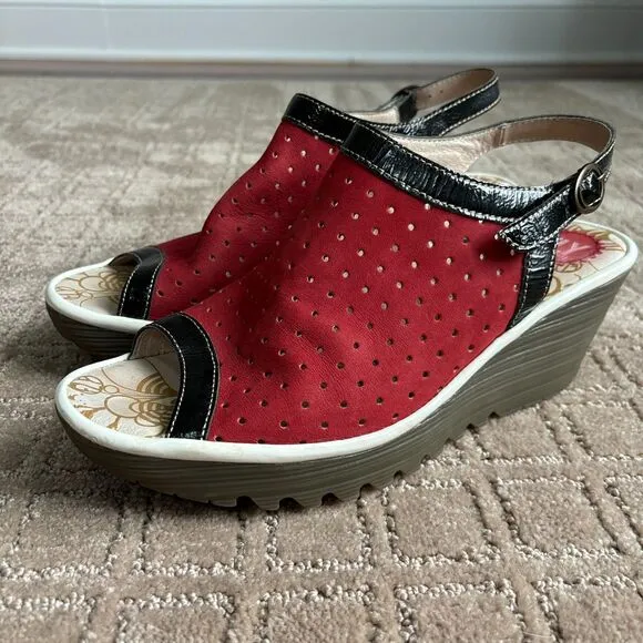 Fly London Yile Leather Wedge Sandals Open Toe Women's 41 US 10-10.5 Red Artsy