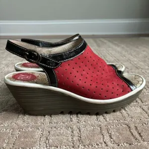 Fly London Yile Leather Wedge Sandals Open Toe Women's 41 US 10-10.5 Red Artsy