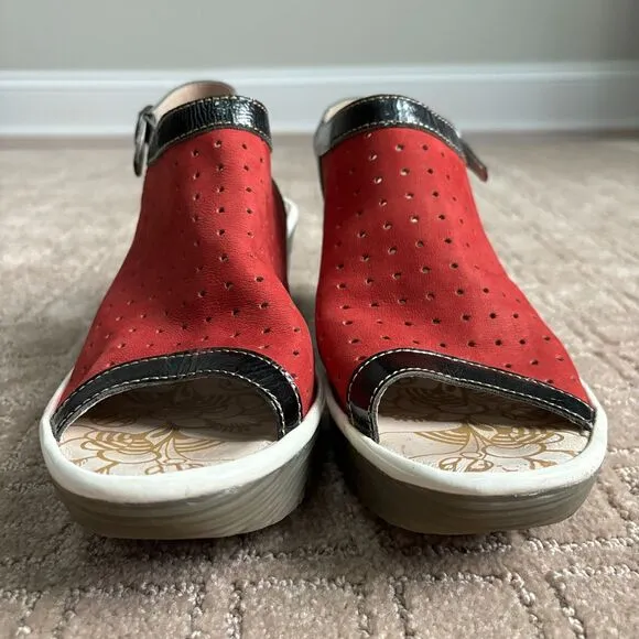 Fly London Yile Leather Wedge Sandals Open Toe Women's 41 US 10-10.5 Red Artsy