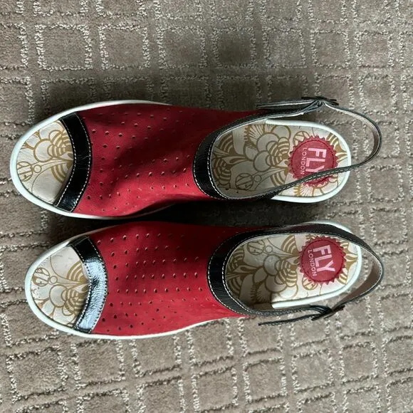 Fly London Yile Leather Wedge Sandals Open Toe Women's 41 US 10-10.5 Red Artsy