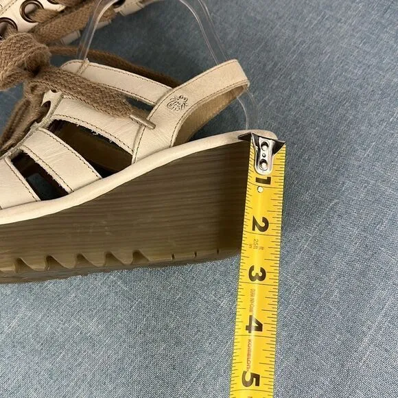 Fly London Yito Off-White Leather Lace Up Wedge Slingback Sandals Size 5.5/6