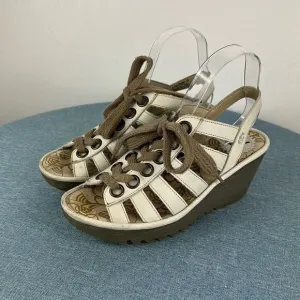 Fly London Yito Off-White Leather Lace Up Wedge Slingback Sandals Size 5.5/6