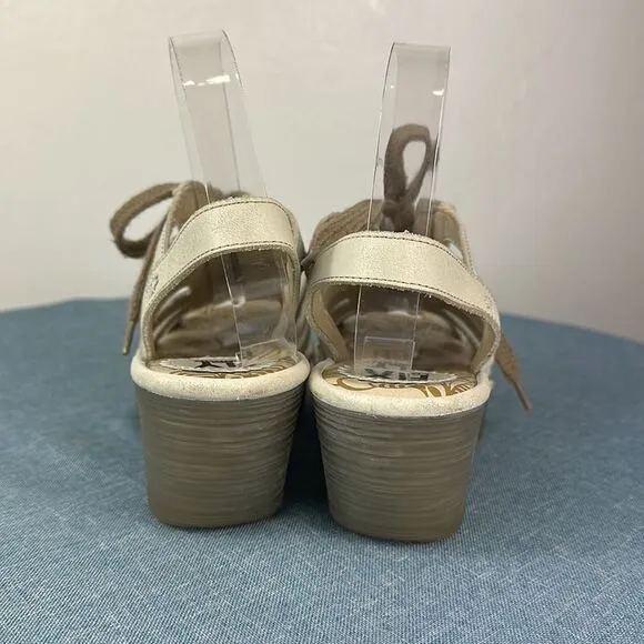 Fly London Yito Off-White Leather Lace Up Wedge Slingback Sandals Size 5.5/6