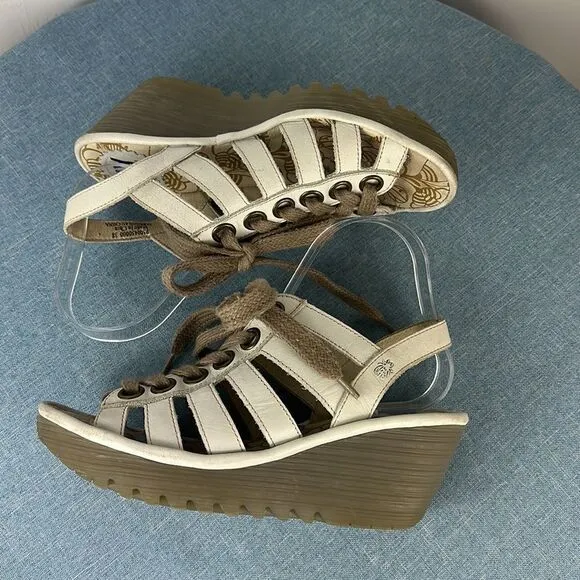 Fly London Yito Off-White Leather Lace Up Wedge Slingback Sandals Size 5.5/6