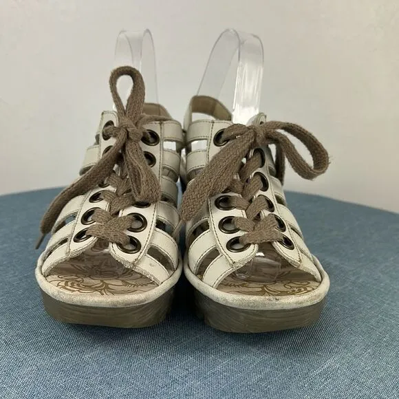 Fly London Yito Off-White Leather Lace Up Wedge Slingback Sandals Size 5.5/6