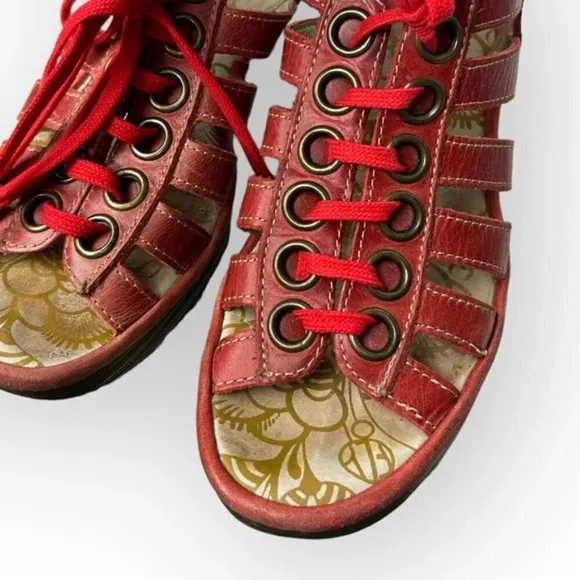 Fly London Yito Red Lace-Up Slingback Wedge Sandals 36