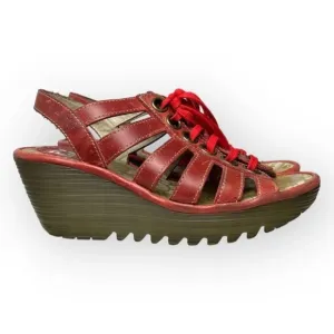Fly London Yito Red Lace-Up Slingback Wedge Sandals 36