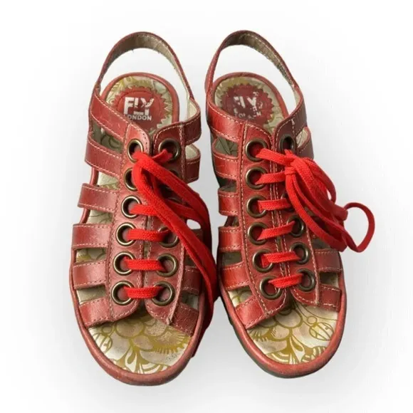 Fly London Yito Red Lace-Up Slingback Wedge Sandals 36
