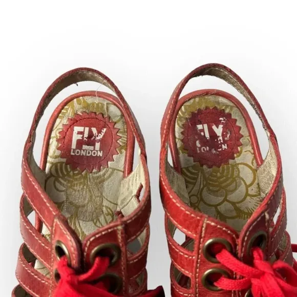 Fly London Yito Red Lace-Up Slingback Wedge Sandals 36