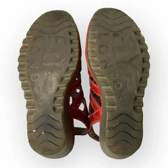 Fly London Yito Red Lace-Up Slingback Wedge Sandals 36