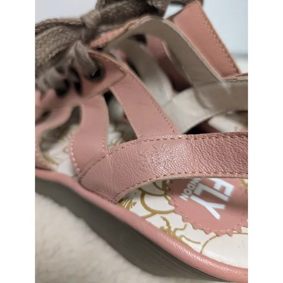 Fly London Yito Wedge Sandal Women Size 42 US 10.5-11 Pink Leather Lace Up